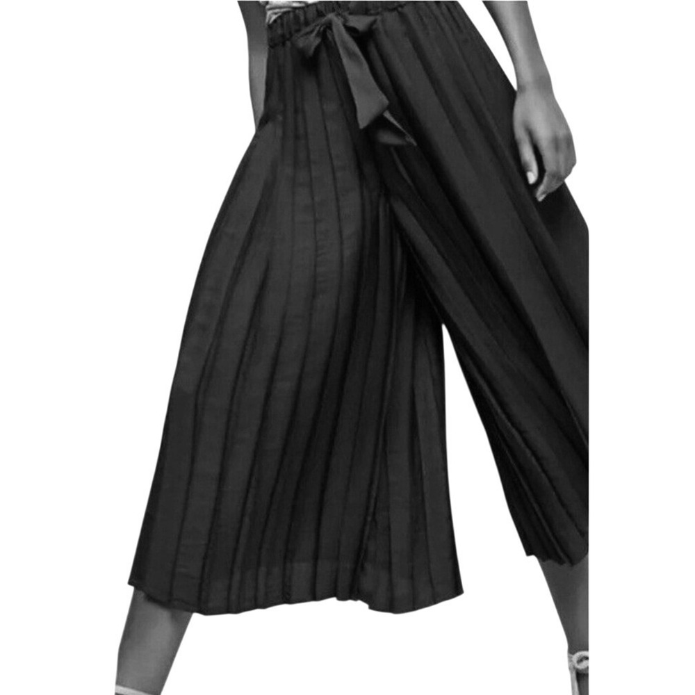 Feather Bone Anthropologie Pants Black Wide Leg Culotte Pleated Tie Waist Size M